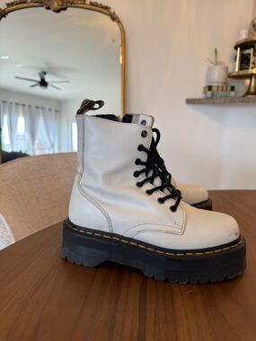 Dr. Martens White Platform Lace-Up Combat Boots with Black Laces